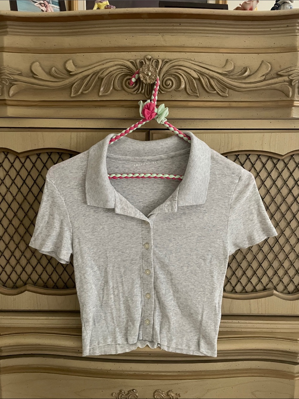 American Eagle Outfitters Light Grey Ribbed Polo Crop Top